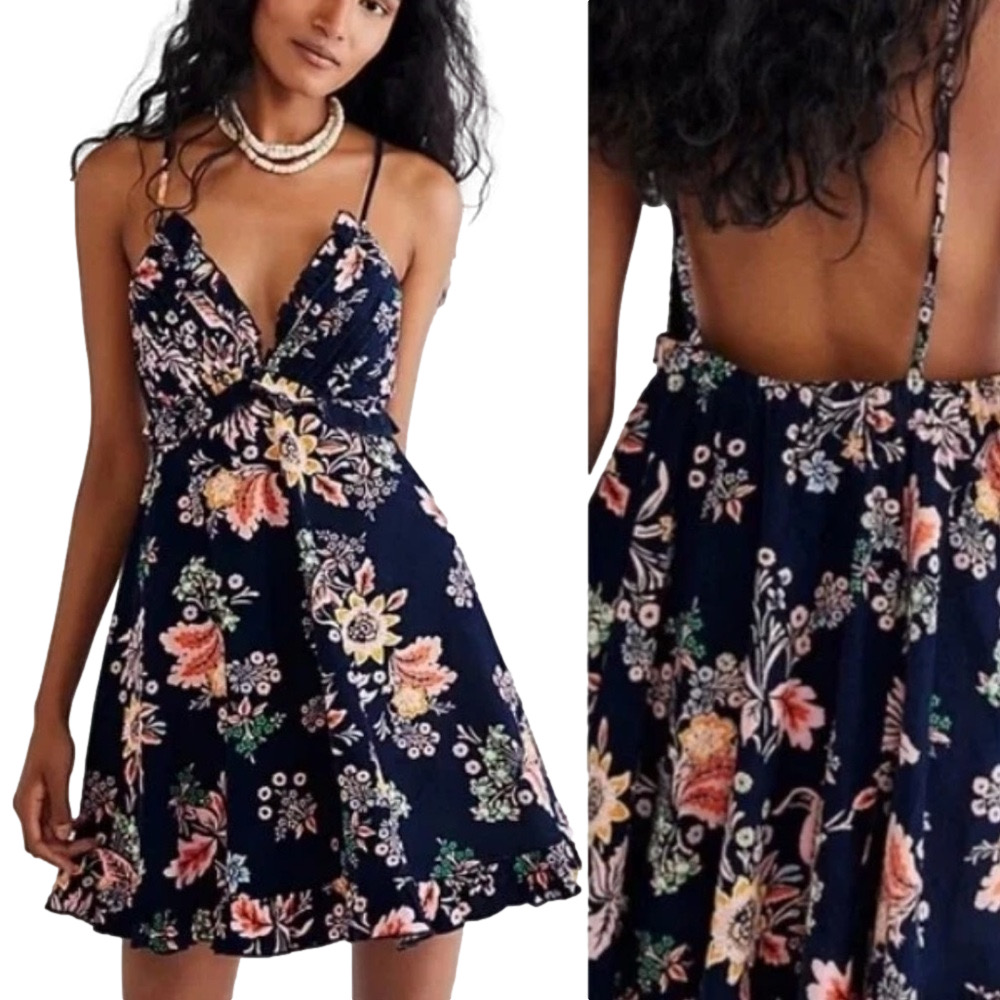 Free People Corduroy Floral Navy Dress Medium